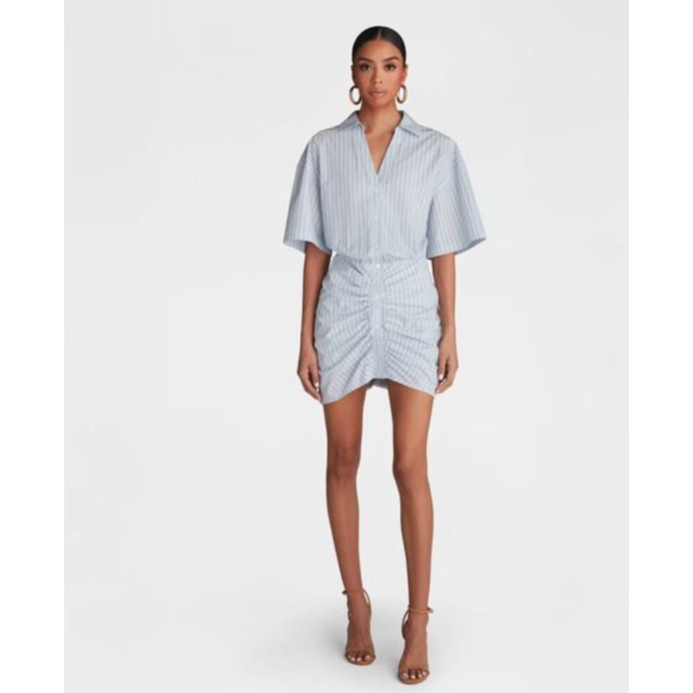 Women's KBB by Kahlana Short Sleeve Ruched Shirt Dress Blue White Striped Small